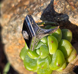 14k white gold filigree Deco diamond and black onyx ring