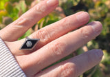 14k white gold filigree Deco diamond and black onyx ring