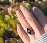 14k white gold filigree Deco diamond and black onyx ring