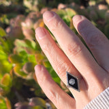 14k white gold filigree Deco diamond and black onyx ring