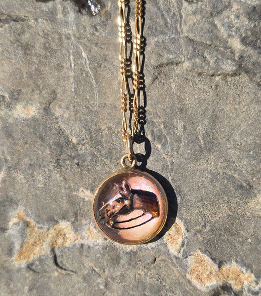 14k gold Victorian hand painted horse Essex crystal necklace pendant lavaliere
