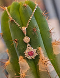 Platinum and 14k white gold pink diamond estate flower pendant necklace