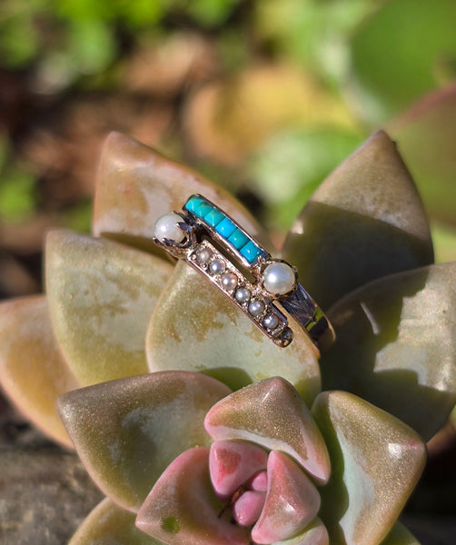 14k gold Victorian turquoise and pearl estate ring band