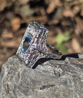 14k white gold c.1920's filigree diamond and aquamarine ring