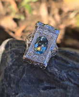 14k white gold c.1920's filigree diamond and aquamarine ring
