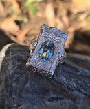 14k white gold c.1920's filigree diamond and aquamarine ring