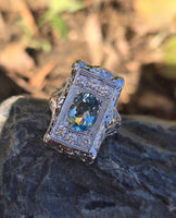 14k white gold c.1920's filigree diamond and aquamarine ring