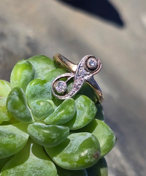 silver top + 10k gold two-tone antique diamond ring