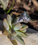 14k white gold c.1920s "peacock" filigree aquamarine ring