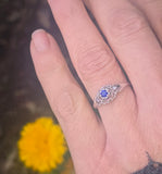 14k white gold filigree Deco ceylon sapphire antique ring