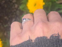 14k white gold filigree Deco ceylon sapphire antique ring