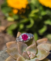 14k white gold Art Deco antique ruby and diamond ring
