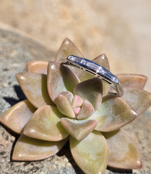 14k white gold round and baguette diamond vintage stackable estate band