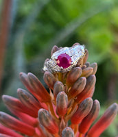 14k white gold Art Deco antique ruby and diamond ring