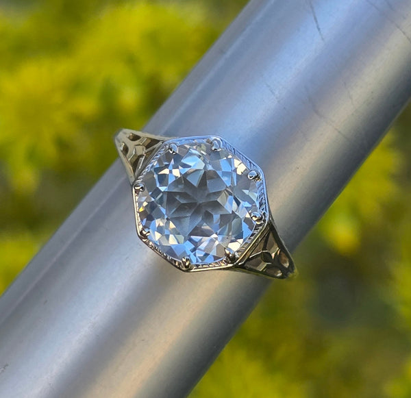 14k gold two tone Art Deco aquamarine filigree ring