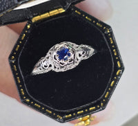 14k white gold filigree Deco ceylon sapphire antique ring