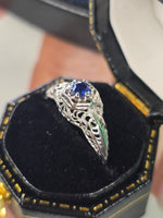 14k white gold filigree Deco ceylon sapphire antique ring