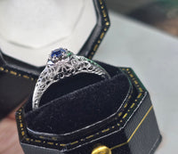 14k white gold filigree Deco ceylon sapphire antique ring