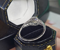 14k white gold filigree Deco ceylon sapphire antique ring