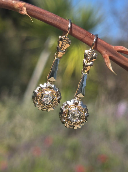 14k gold two tone Deco diamond dangle antique earrings