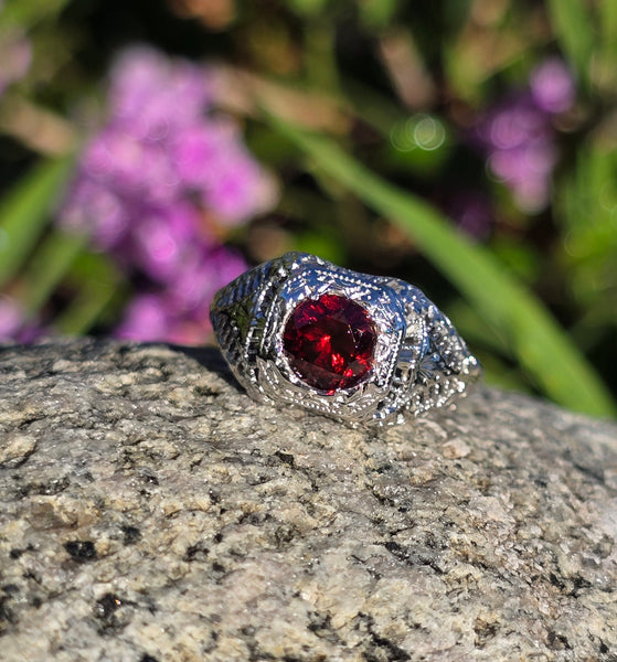 14k white gold c.1920's garnet filigree antique ring