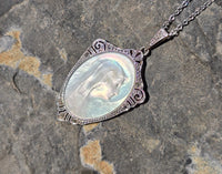 18ct two tone carved mother of pearl and diamond religious antique necklace pendant
