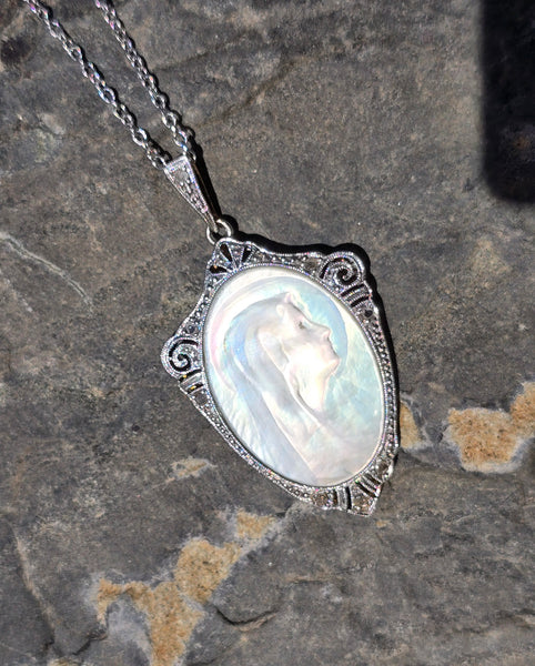 18ct two tone carved mother of pearl and diamond religious antique necklace pendant