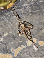 14k gold mine cut diamond & pearl antique filigree necklace pendant