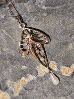 14k gold mine cut diamond & pearl antique filigree necklace pendant