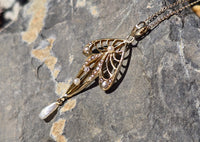 14k gold mine cut diamond & pearl antique filigree necklace pendant