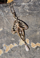 14k gold mine cut diamond & pearl antique filigree necklace pendant
