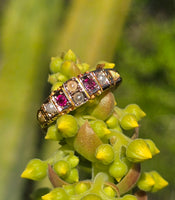 15ct gold Victorian pearl & ruby ring band - hallmarks