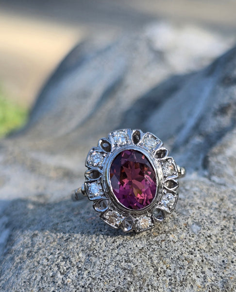 18ct two tone pink tourmaline and diamond estate ring