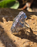 18k white gold diamond estate Art Deco c.30's filigree glove shield ring