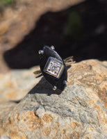 14k white gold vintage black onyx and diamond estate ring