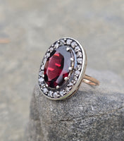 14k gold + silver top Edwardian diamond and garnet halo antique ring