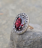 14k gold + silver top Edwardian diamond and garnet halo antique ring