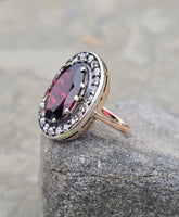 14k gold + silver top Edwardian diamond and garnet halo antique ring