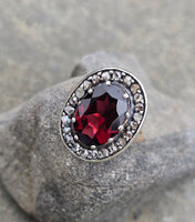 14k gold + silver top Edwardian diamond and garnet halo antique ring