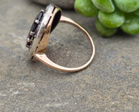 14k gold + silver top Edwardian diamond and garnet halo antique ring