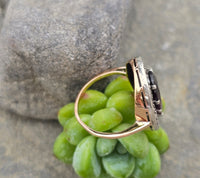 14k gold + silver top Edwardian diamond and garnet halo antique ring