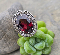 14k gold + silver top Edwardian diamond and garnet halo antique ring