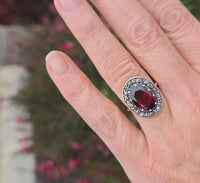 14k gold + silver top Edwardian diamond and garnet halo antique ring