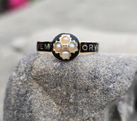 18ct gold Victorian pearl, diamond and enamel IN MEMORY OF antique mourning ring - 1868