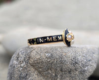 18ct gold Victorian pearl, diamond and enamel IN MEMORY OF antique mourning ring - 1868