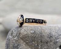 18ct gold Victorian pearl, diamond and enamel IN MEMORY OF antique mourning ring - 1868