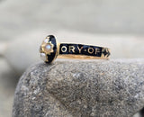 18ct gold Victorian pearl, diamond and enamel IN MEMORY OF antique mourning ring - 1868