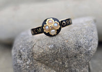18ct gold Victorian pearl, diamond and enamel IN MEMORY OF antique mourning ring - 1868