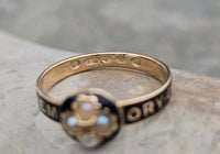 18ct gold Victorian pearl, diamond and enamel IN MEMORY OF antique mourning ring - 1868
