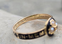18ct gold Victorian pearl, diamond and enamel IN MEMORY OF antique mourning ring - 1868